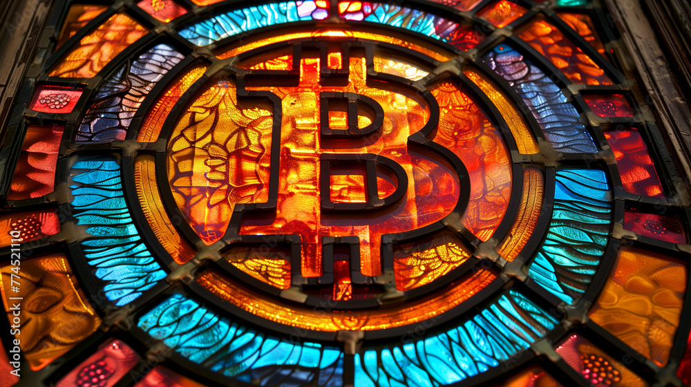 Bitcoin logo with the letter B crossed out, in the stained glass circle of a church or cathedral as a symbol of a new religion of sacred digital money and the divine business of cryptocurrencies.