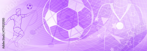 Football themed background in purple tones with abstract meshes and curves, with sport symbols such as a football player and ball