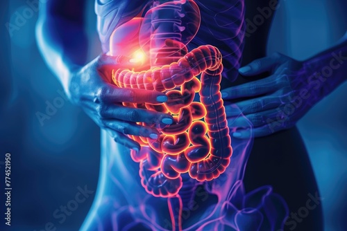 Visual demonstration of digestive tract, intestine, stomach, small colon, duodenum: illustrating issues like disease, pain, and nutrition, emphasizing the importance of gastrointestinal health. photo