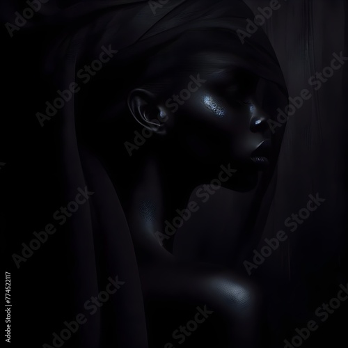 ai generated hyper realistic beautiful black woman in a dark  moody atmosphere in the style of a SCI-FI thriller movie poster with abstract lines and geometric shapes