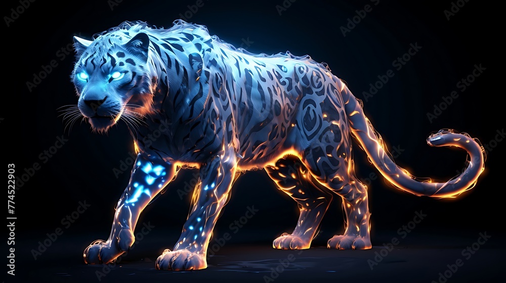Fototapeta premium Glimmering Frustration: An Ice Cheetah Pierces the Night with Glowing Eyes, a Captivating Portrait of Struggle and Strength in Wintry Solitude