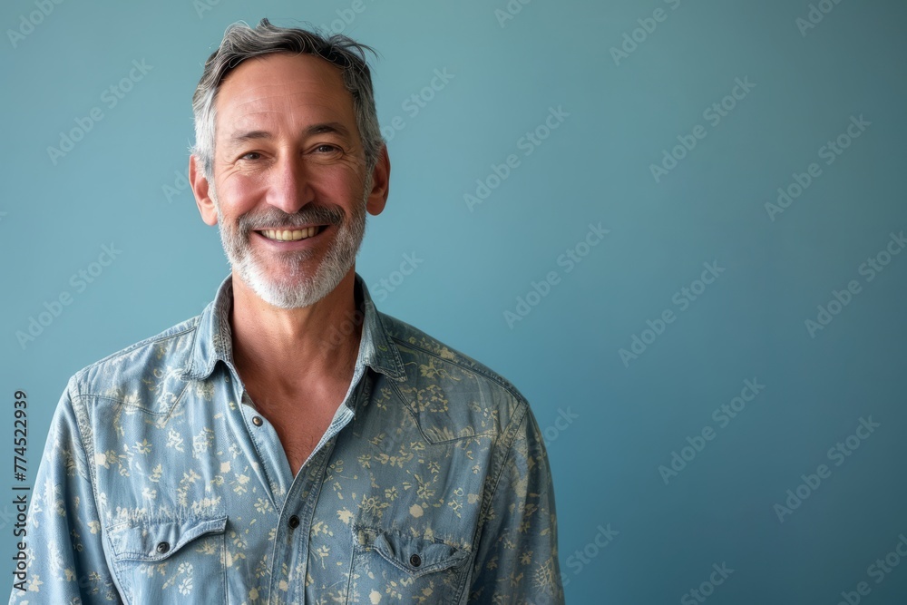 Portrait of a handsome senior man smiling at the camera against a blue background Portrait of a handsome senior man smiling at the camera against a blue background