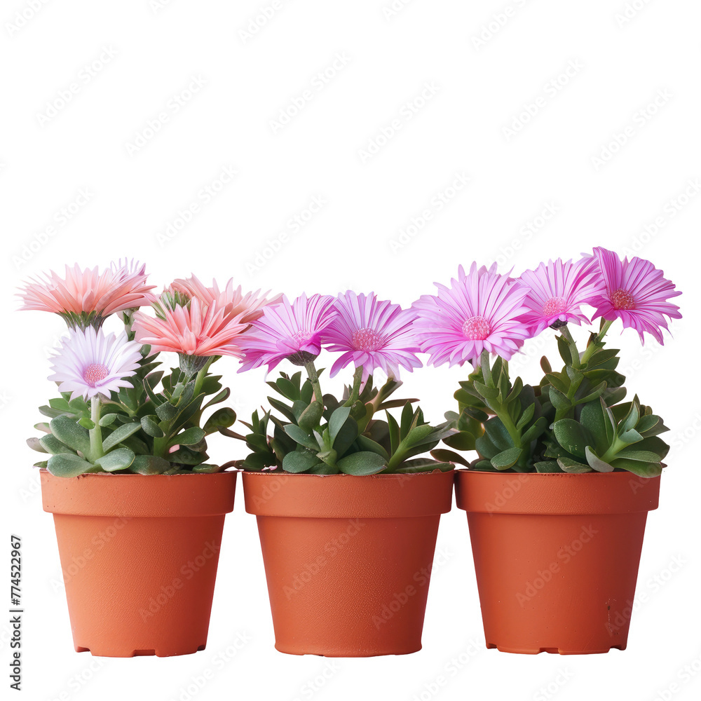 Three pots of pink and purple flowers on a Transparent Background