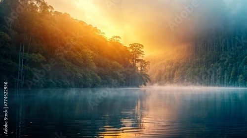 Landscape view of misty morning on the lake at sunrise. © engkiang