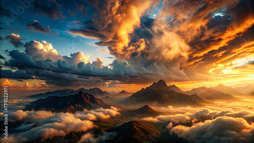 Mountain Sunset Sky in Orange and Blue with Dramatic Clouds