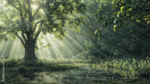 Sunbeams shining through the trees in the forest. Nature background