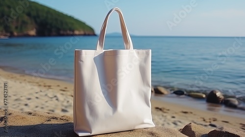 Textile blank eco bag on resort sea beach background. Shopping bag template space for branding and your print 