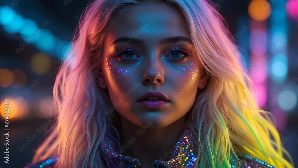 Portrait of a young woman with pink hair and sparkling makeup against a night city backdrop with neon lights