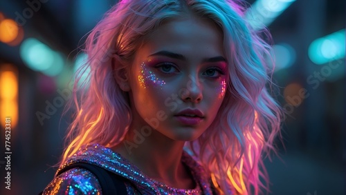 Portrait of a young woman with pink hair and sparkling makeup against a night city backdrop with neon lights