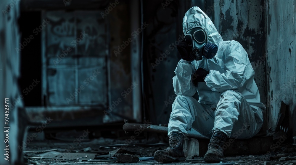person with anti-radiation suit in an abandoned place alone with low light in high resolution