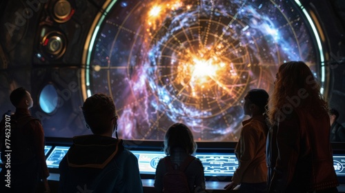 A group of space travelers eagerly focus attention on a large illuminated map of uncharted galaxies preparing to embark on an . .