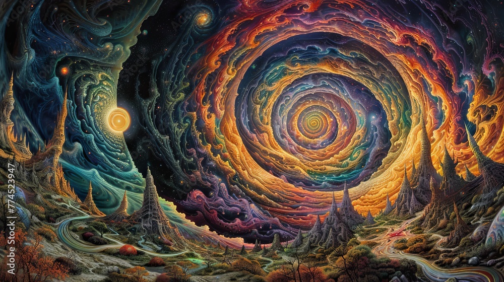 Craft an intricate collage of interconnected landscapes viewed from a birdseye perspective, merging dream realms with parallel universes Use symbolic imagery like swirling vortexes 