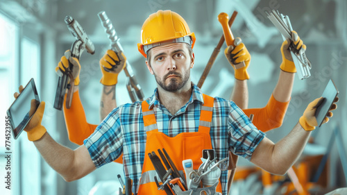 construction worker with many human arms, busy with holding too many things, phone, tablet, bluebrints, construction tools generative ai