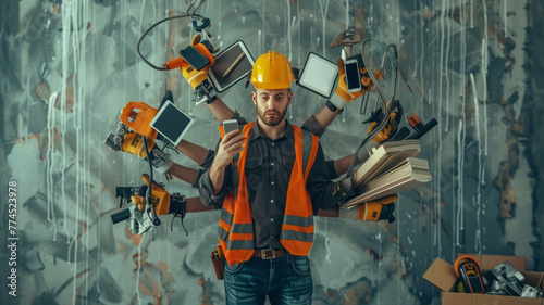 construction worker with many human arms, busy with holding too many things, phone, tablet, bluebrints, construction tools generative ai