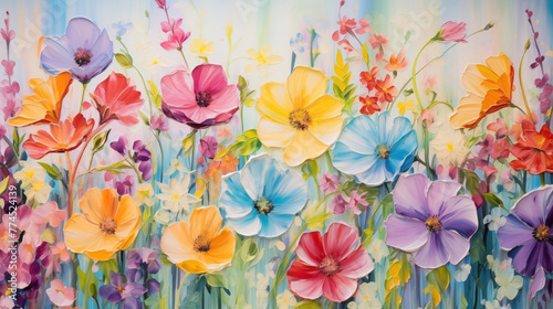 bright colorful flowers painted with oil paints. colors of rainbow. summer floral background © Junsei