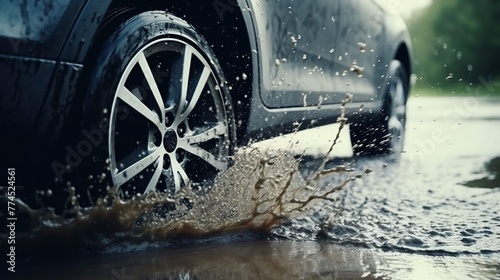 Close-up of car tires and splashes water on wet asphalt in rain. Car drives through puddles after rain. Driving extreme banner with copy space 