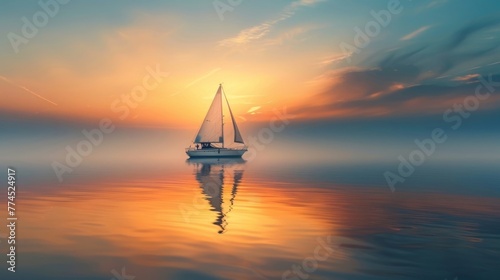 A solitary sailboat drifts lazily across a glassy lake, its billowing sails reflecting the soft hues of sunset.