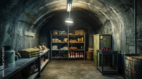 small underground bunker with food stored in boxes and water bottles, canned food