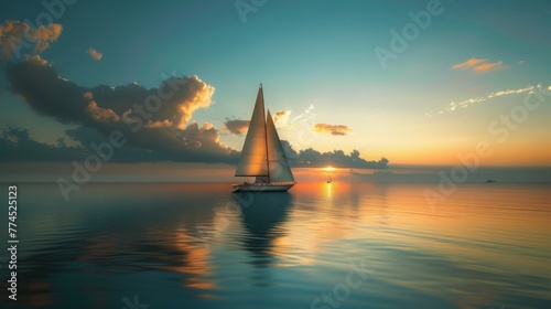 A solitary sailboat drifts lazily across a glassy lake, its billowing sails reflecting the soft hues of sunset.