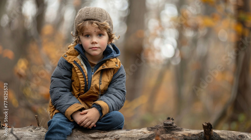  A boy in a park  perched atop a fallen log  looks thoughtfully at the camera.