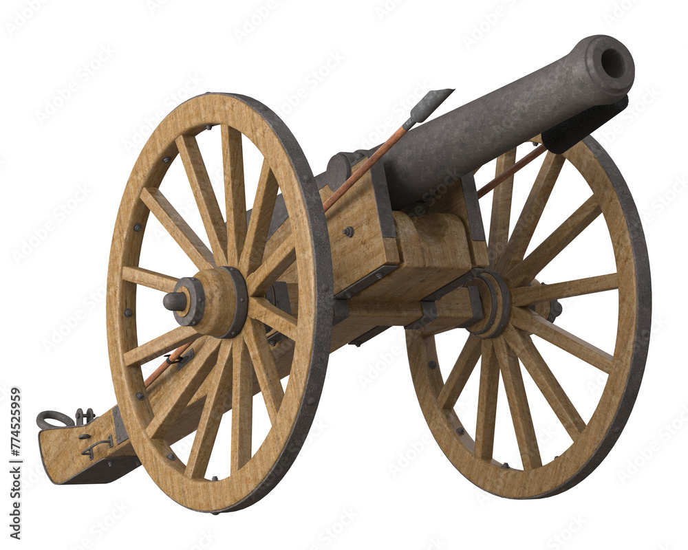 Old artillery cannon on large wooden wheels, 3d render