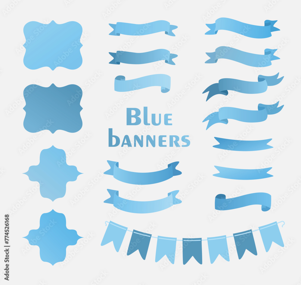 A set of blue banners of different shapes and sizes. A set of blue banners of different shapes and sizes.