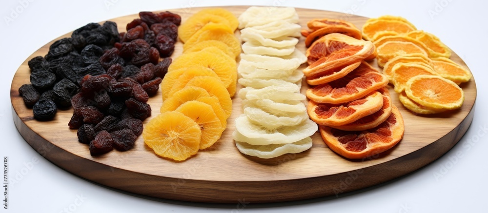 Various fruits such as apple, banana, orange, and kiwi are arranged on a rustic wooden plate in a colorful display