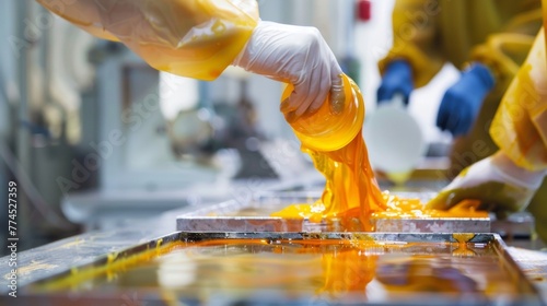 Workers wearing protective gear pouring molten silicon into molds to create solar cells. . .