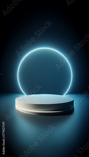 empty rounded Podium Enveloped by a Soft Neon Blue Glow. 3d stage for product display. an abstract platform for product presentation. podium for advertisement. tech products mockup. empty studio room