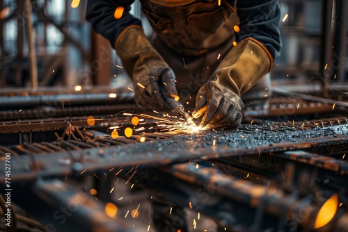 Close-up view of a skilled worker’s hands welding metal rods together, with intense sparks flying from the point of contact.