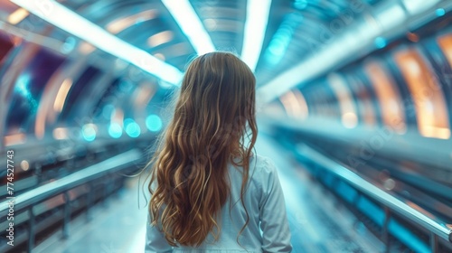 A young girl back to the camera looks at the futuristic train with curiosity and wonder eager to discover what lies ahead in time. . . photo