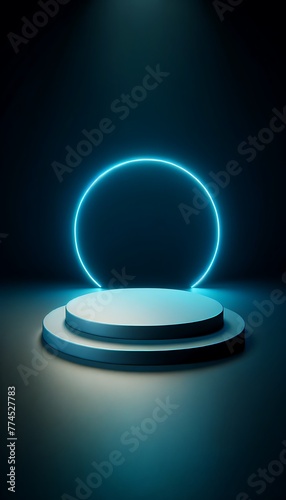 rounded podium  enveloped in darkness with neon lighs. 3d stage for product display. an abstract platform for product presentation. podium for advertisement. tech products mockup. empty studio room