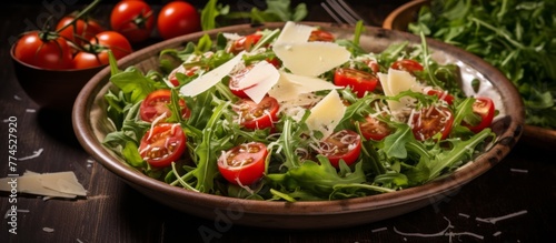 Fresh salad in a bowl featuring cherry tomatoes and grated parmesan, a healthy and colorful meal choice
