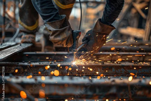 Close-up view of a skilled worker   s hands welding metal rods together  with intense sparks flying from the point of contact.