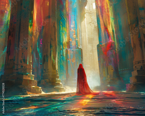 Crystal guardian, flowing robes, ancient protector, standing tall in a dream temple of shifting colors, Golden hour lighting, 3D render, Vignette effect