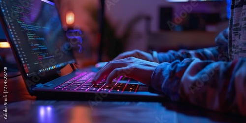 A person is sitting in a dimly lit room typing on a laptop