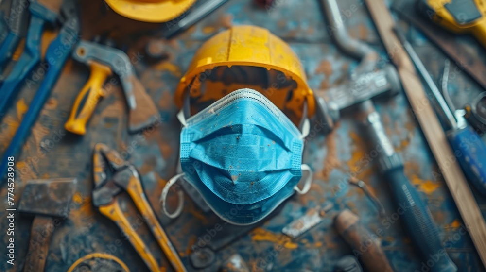 Close-up of dust mask amid construction tools, vibrant ad for safety gear, high-resolution