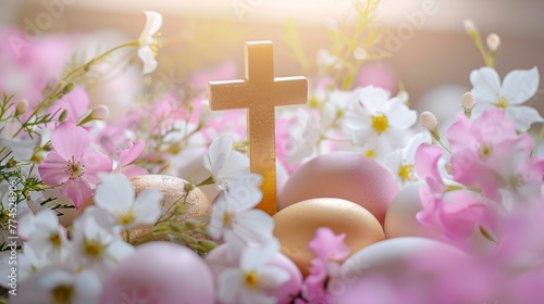 A symbolic golden cross standing on top of a pile of eggs