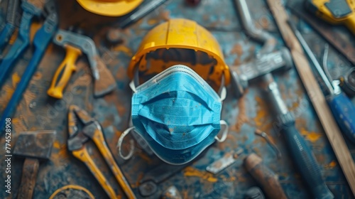 Close-up of dust mask amid construction tools, vibrant ad for safety gear, high-resolution