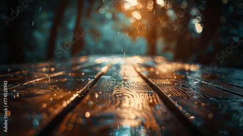 Raindrops on the wooden bridge in the forest at sunset. Blurred background