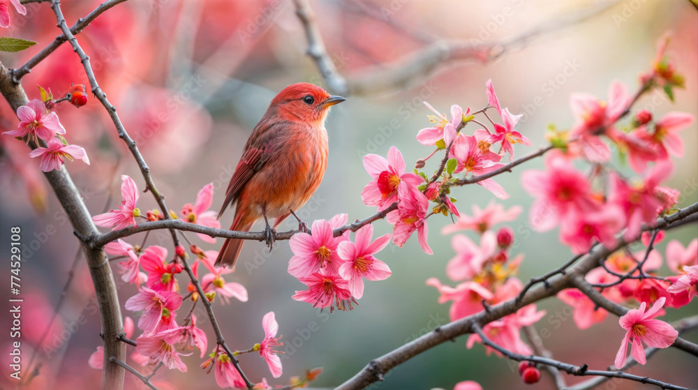 Red bird on pink sakura blossom (Cherry blossom) - obrazy, fototapety, plakaty 