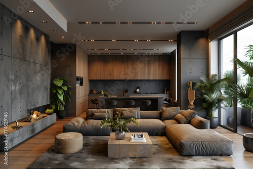 Stylish contemporary design of modern apartment in dark black colors with concrete elements