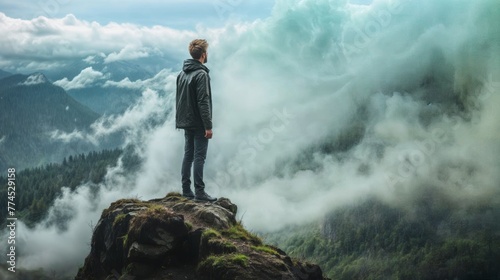 Man standing on the edge of a cliff and looking at the misty valley