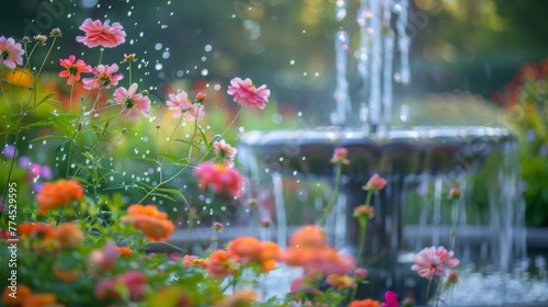 A tranquil garden scene with a softly blurred fountain in the background, surrounded by colorful blooms.