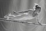 A gymnast executing a flawless routine on the balance beam, grace and strength intertwined.