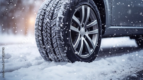 Winter tire. Detail of car tires in winter on the road covered with snow. Panorama, banner 