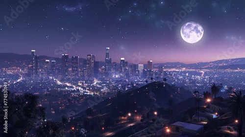beautiful night view of Los Angeles with starry sky and full moon