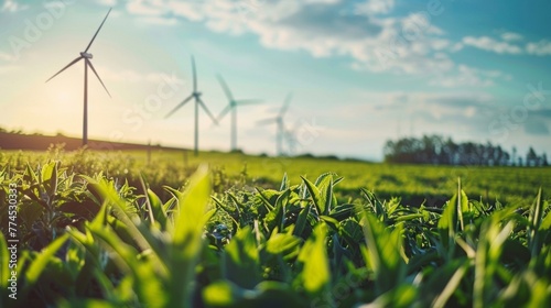 Vibrant green crops sway in a field next to a sustainable wind farm showcasing the potential for green technology to positively impact . .