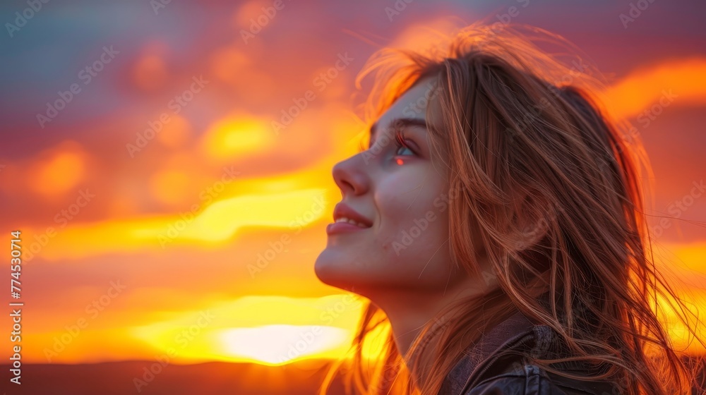 A girl with sparkling eyes admiring a colorful sunset AI generated illustration A girl with sparkling eyes admiring a colorful sunset AI generated illustration