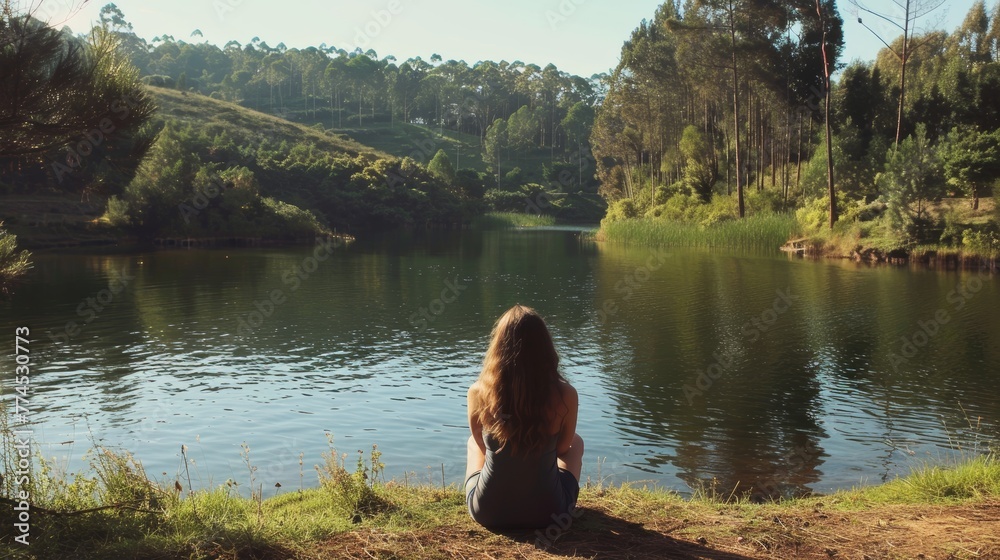 A peaceful girl sitting by a tranquil lake AI generated illustration A peaceful girl sitting by a tranquil lake AI generated illustration